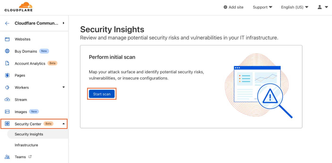 Security Center&rsquo;s home page where you can start an initial scan